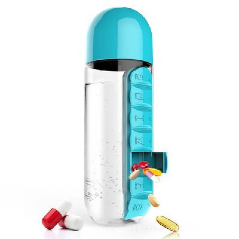 Portable Water Bottle With Built-In Pill Box