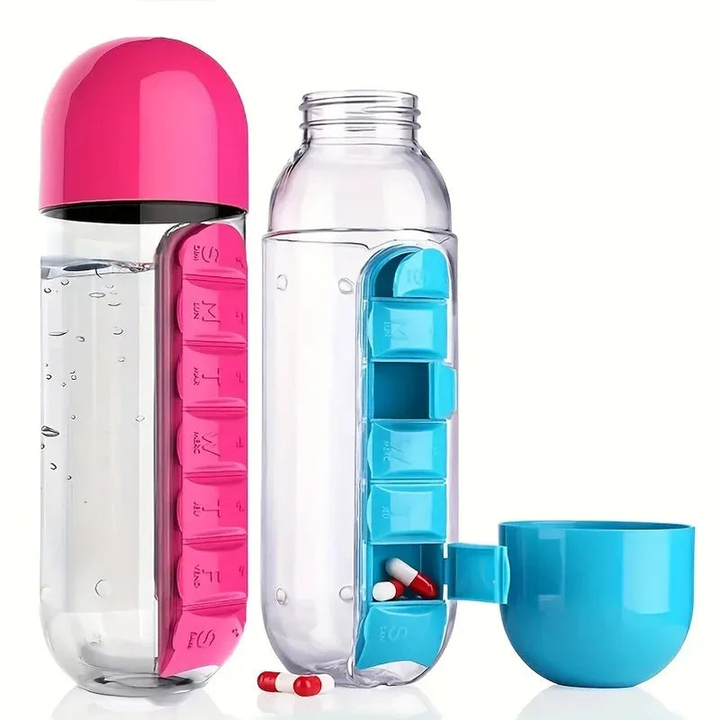 Portable Water Bottle With Built-In Pill Box