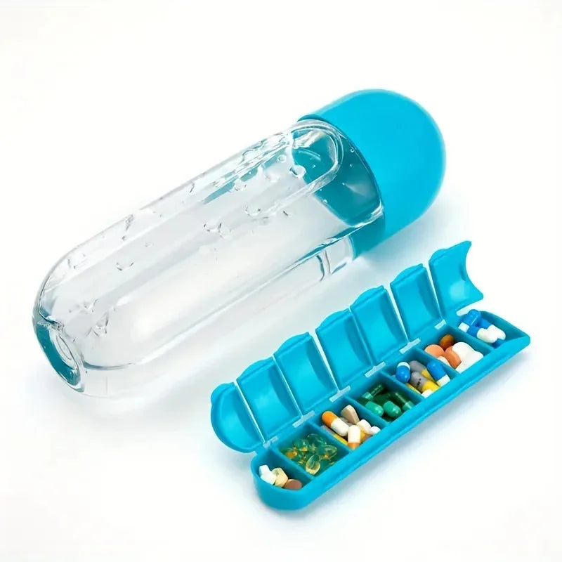 Portable Water Bottle With Built-In Pill Box