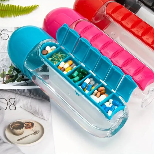 Portable Water Bottle With Built-In Pill Box